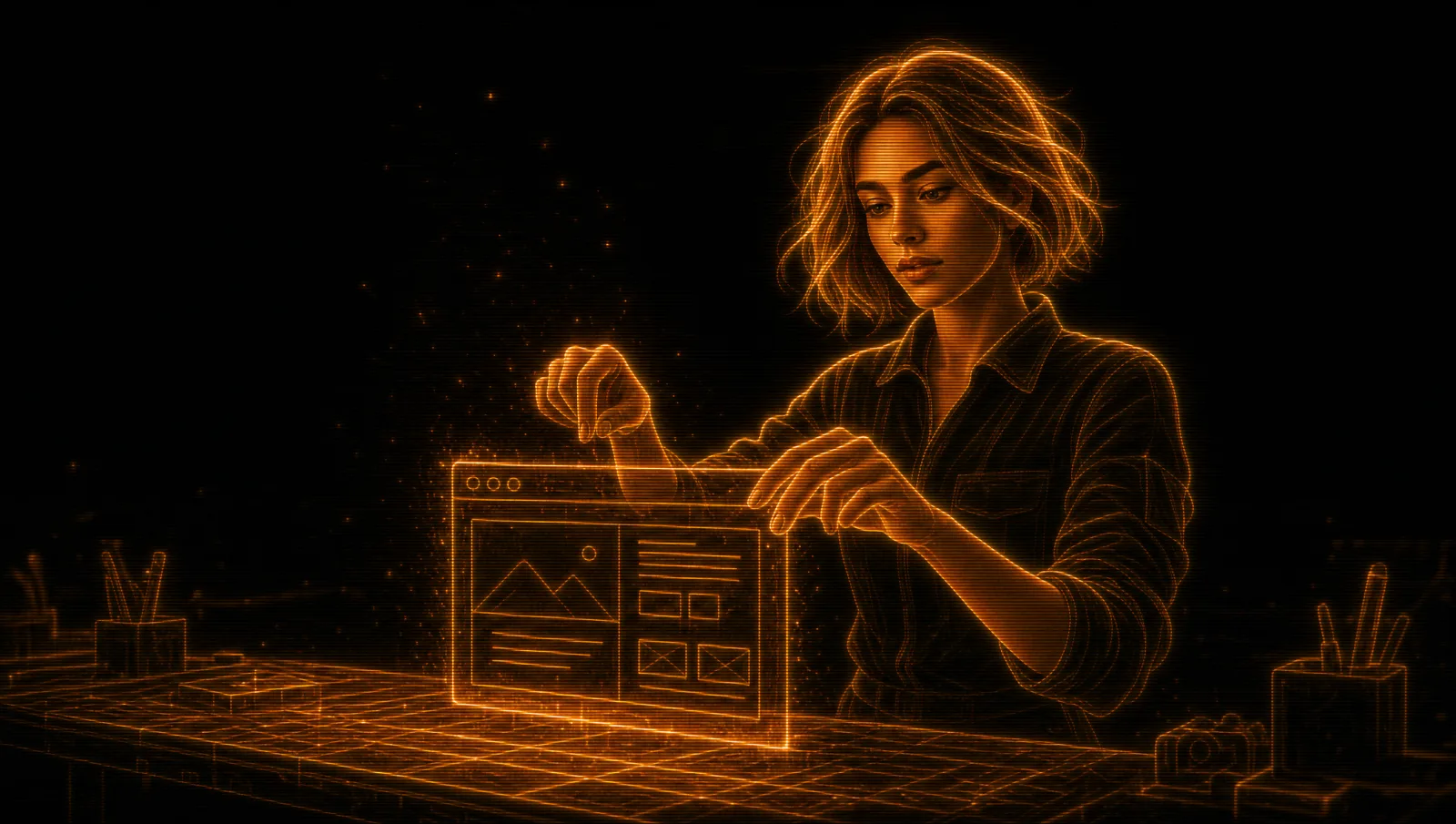 Lux assembling a glowing wireframe webpage