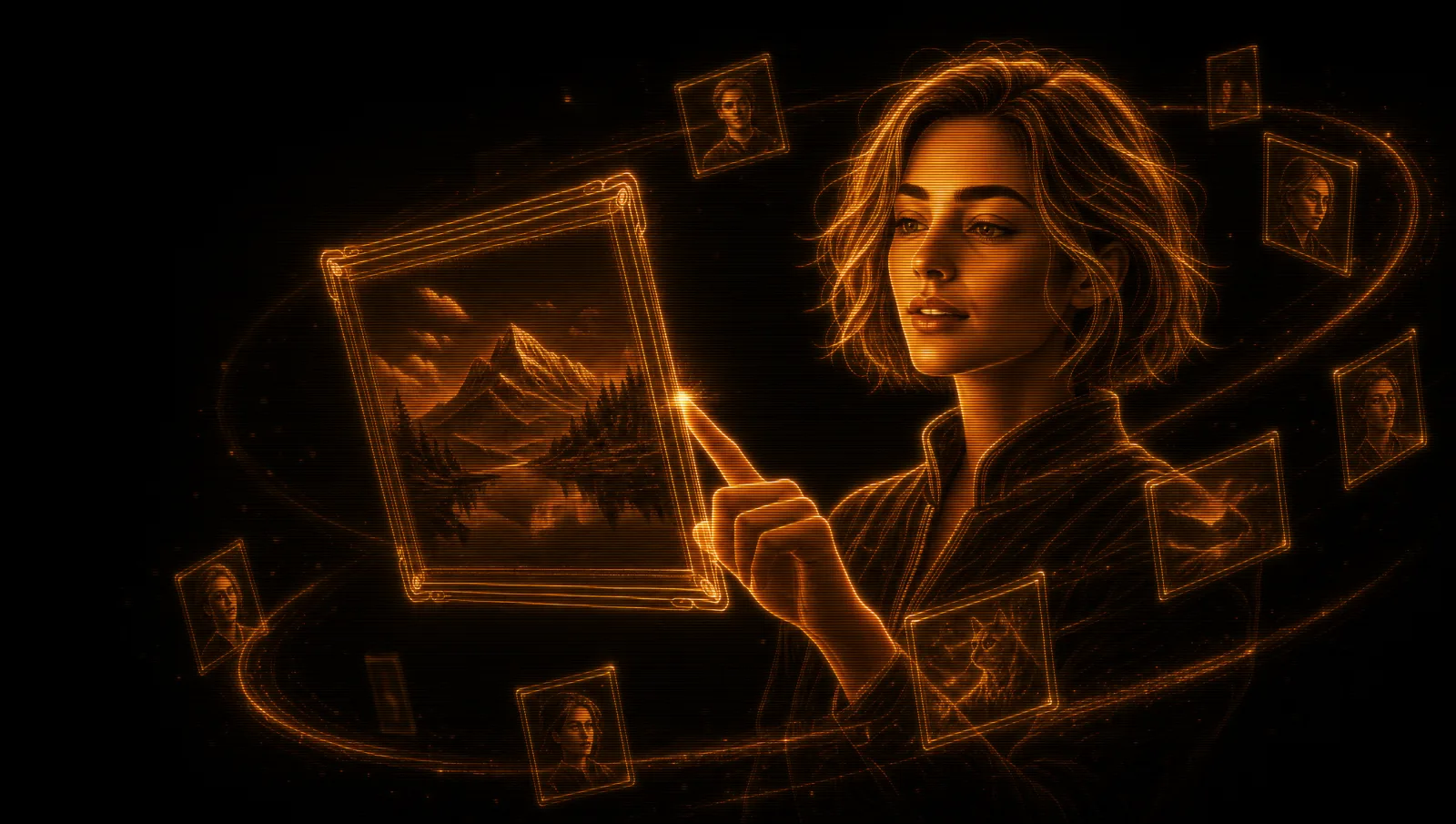 Lux painting a picture into a glowing frame with her fingertip